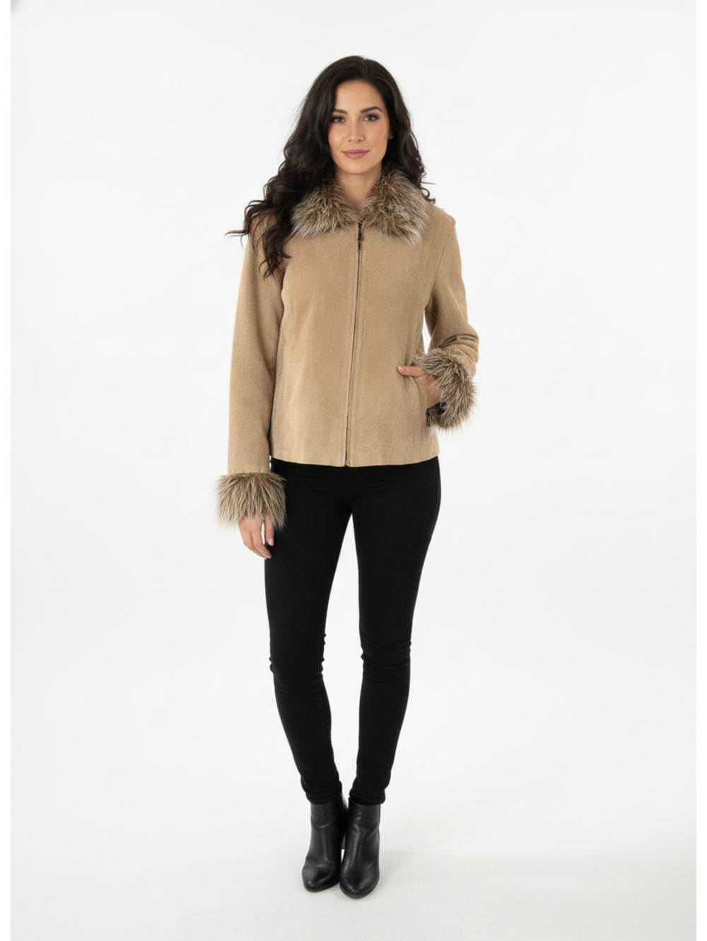 Vintage Leather USA Tan Suede Faux Fur Trim Penny Lane Jacket